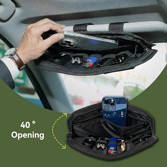 Sun visor organizer Molle Tactical car Zipper Storage Pouch & Glasses Clip | Police Tactical Visor Molle Panel Interior Vehicle pocket Accessories for Truck Suv Police Car Gear Supplies (Black)