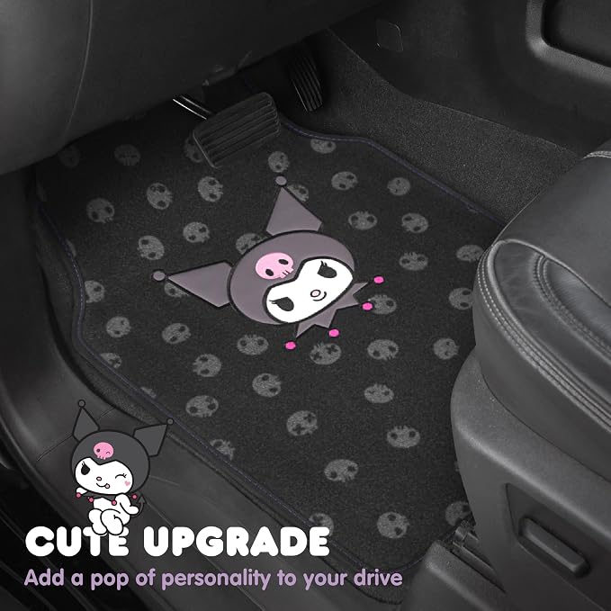 Kuromi Carpet Car Floor Mats - Universal Fit for Cars, SUVs & Trucks - Black with Kuromi Print & Purple, Pink Accents - Front & Rear Set, 4 Piece