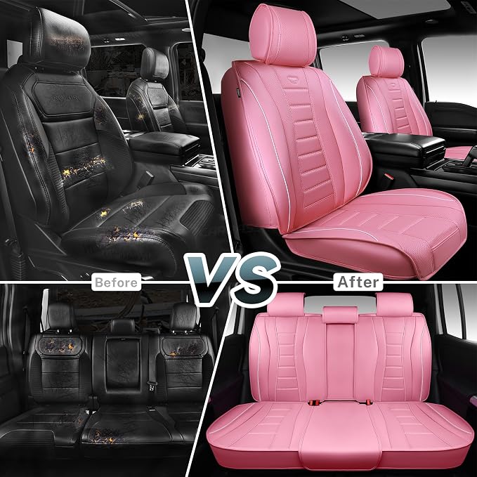CAR PASS Nappa Leather Car Seat Covers Full Set, Pink Seat Covers, 3D Foam | Luxury Waterproof Universal FIT Piping Leather Car seat Cover Full Set, 3D Foam Breath Perforated leather seat covers