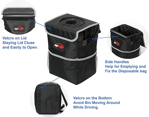 EPAuto Waterproof Car Trash Can with Lid and Pockets, 2.5 Gal, Black | Leakproof, Collapsible Multipurpose Car Bin with 3 Side Storage Pockets, Adjustable Straps