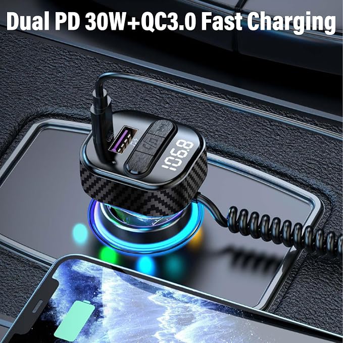 Bluetooth 5.3 FM Transmitter for Car, Bluetooth Car Adapter with Type-C PD(30W) Charger Port and Cable, QC3.0 USB Port, Wireless FM Radio Transmitter, Support Handsfree Calling, Backlit,U Disk, Black