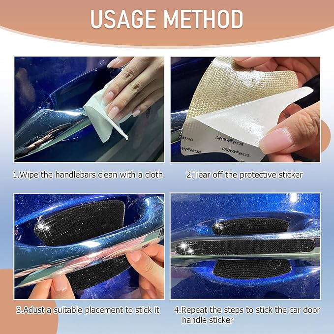 10 PCS Bling Car Door Handle Protector, Shiny Crystal Rhinestone Anti-Scratch Universal Cars Door Handle Protective Cover, Glitter Automotive Exterior Accessories for Women (Black)