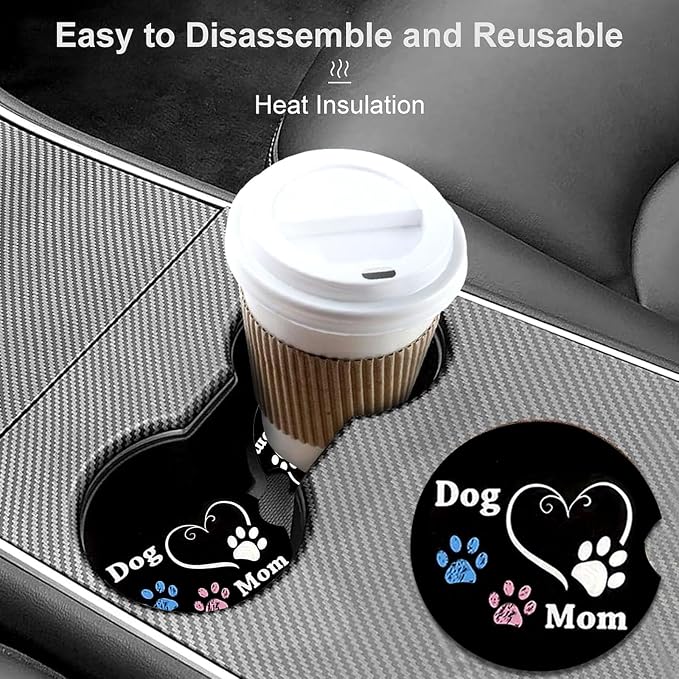 2 Pack Dog Mom Paw Car Cup Holder Coasters Universal Neoprene Coasters | 2.75" Universal Size Anti Slip Rubber Mat, Auto Cup Holder Accessories for SUV Truck, Dog Mom Paw Gifts for Women Men Mom