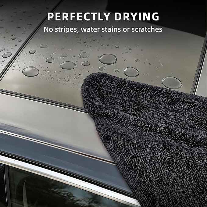 2 Pack 1500GSM Microfiber Drying Towel for Car 24"x36" & 11.8"x11.8"(Grey) | Ultra Absorbent Streak-Free Lint Free Twisted-Loop Cleaning Cloth for Cars Motorcycles Windows Kitchen