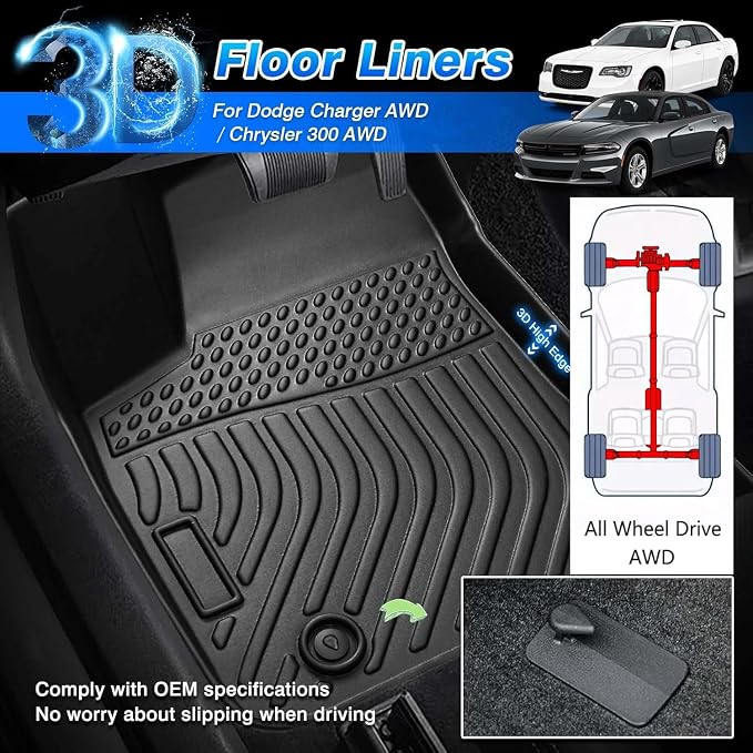 Cartist Custom Fit for Floor Mats 2011-2023 Dodge Charger AWD/Chrysler 300 AWD All Weather Floor Liners Front & 2nd Row TPE Heavy Duty (NOT for RWD)
