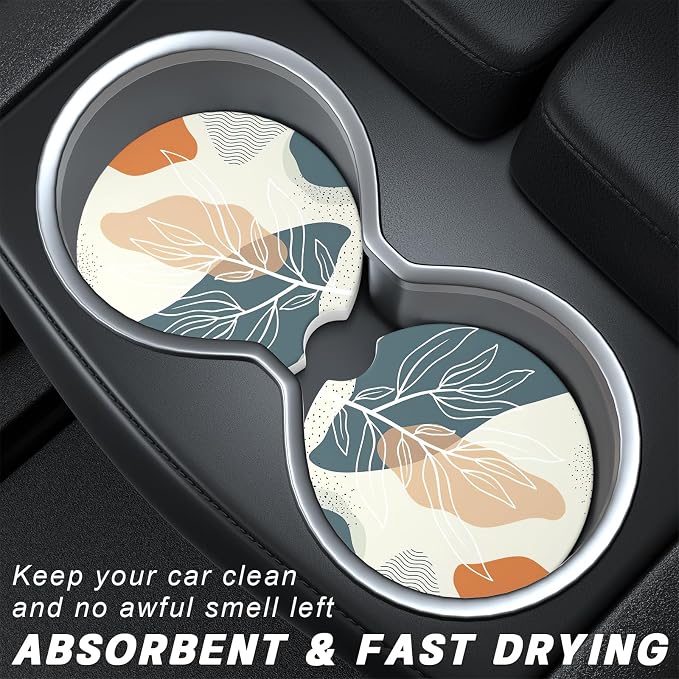Aiawoxc Car Cup Holder Coasters, 2 Pack Universal Auto Anti Slip Insert Coaster with A Finger Notch, Cup Mat for Most Car Interior, Desert Leaf