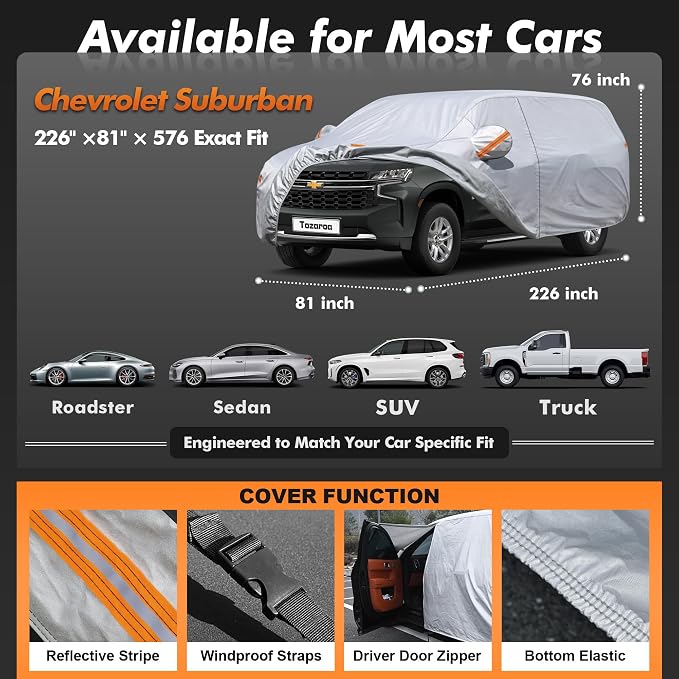SUV Cover Waterproof All-Weather,Outdoor Full Exterior Car Covers Custom Fit for Chevrolet Express Suburban,Ford Excursion,GMC Yukon XL,Jeep Grand Wagoneer,etc Size S5(See Size Chart)