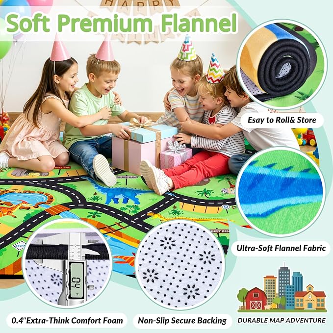 Kids Dinosaur Rug, 4x6 Ft Car Rug Play Mat for Kids | Extra Thick 0.4 in Soft Non-Slip Car Carpet Play Dino Rug with Realistic Roads for Toy Cars,Bedroom, Playroom & Nursery