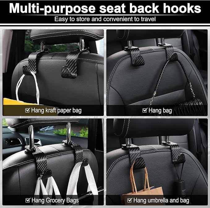 LivTee Car Purse Hook, 4 Pack Universal Auto Seat Headrest Hook Hangers Organizer for Coats, Umbrellas, Groceries - Carbon Fiber Black | Universal
