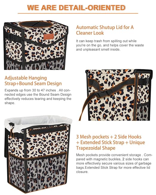 Pritent Car Trash Can with Lid, Cute Leakproof Car Trash Garbage Bag Hanging Vehicle Trash Bin Small Portable Automotive Garbage Cans Organizer for Back/Front Seat/Console(2.8 gal,Leopard