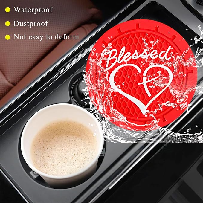 KVAEY 2 PCS Car Cup Holder Coasters, 2.76 Inch Anti Slip Vehicle Drink Mats with Cute Blessed Cross and Heart, Shockproof, Universal Car Accessories (Red, 4 PCS)