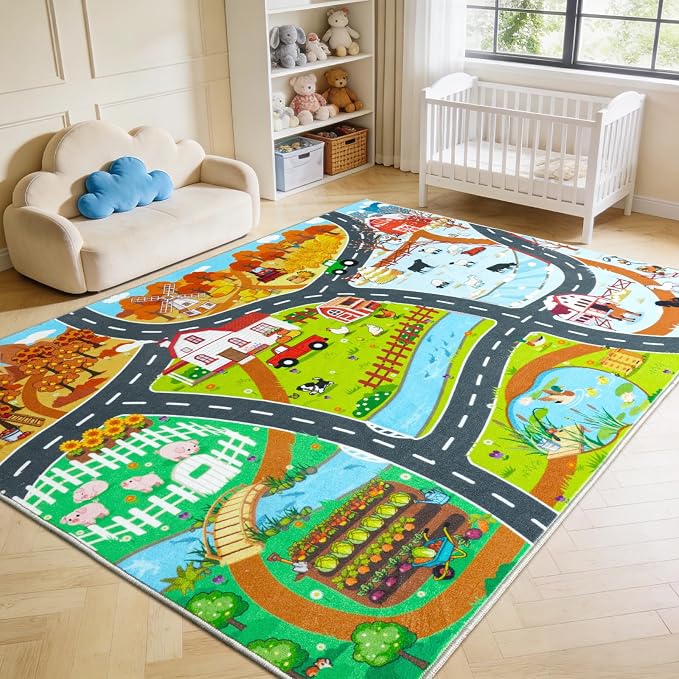 Car Rug Play Mat for Kids Toy Cars, 4' x 5' Town Country Barn Track Road Carpet, Non-Slip Machine Washable Rugs Four Seasons Farm Theme Traffic Mat for Kids Room Bedroom Game Safe Area