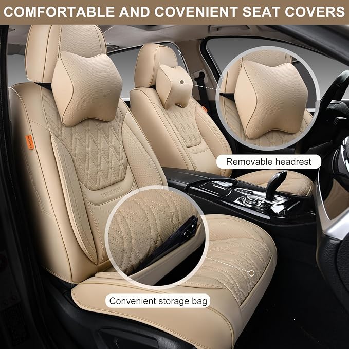Car Seat Covers Full Set, Breathable Leather Automotive Front and Rear Seat Covers & Headrest, Universal Automotive Vehicle Seat Cover for Most Sedan SUV Pick-up Trucks, Beige