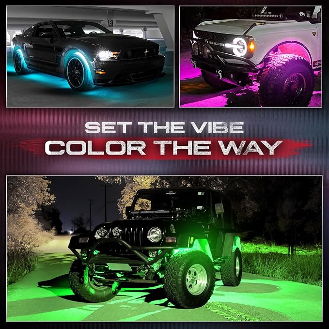 OPT7 Aura Pro RGB Wheel Well Lights for Cars with APP & Remote Control | Music Sync Lighting, 4PCS 24" Waterproof LED Strips, Multicolor Wheel Ring Accent Lights, Car Meet Accessories, 12V