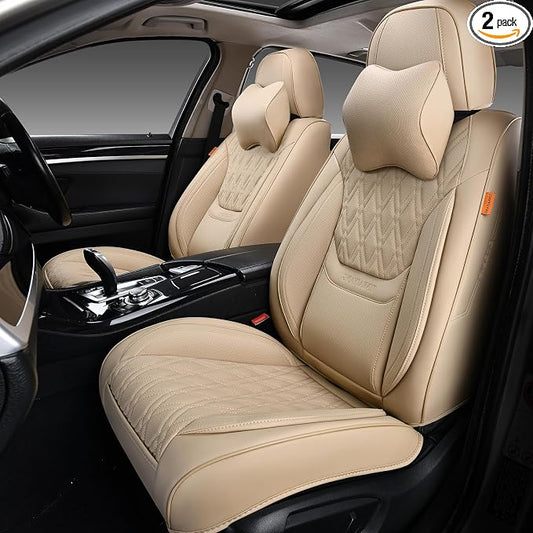 Car Seat Covers Front Pair, Breathable Leather Automotive Front Seat Covers with Headrest, Universal Automotive Vehicle Seat Cover for Most Sedan SUV Pick-up Trucks, Beige
