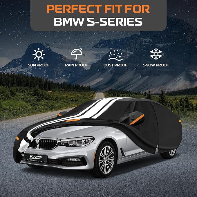 Kayme Heavy Duty Car Cover Custom Fit for BMW M5 5 Series 528i 530i 535i 540i M550i M550 (2003-2026), Outdoor Full Exterior Cover with Tape and Towel, Rain Snow Sun UV Protection.