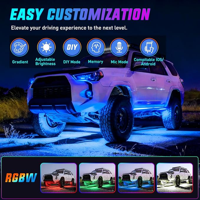 Nilight 4Pcs RGBW Aluminum Underglow Neon Accent Strip Lights 252LEDs Door Assist Multi Color DIY Sound Active Function Music Mode with APP and Remote Control Underbody Light Strips for Car Truck RV