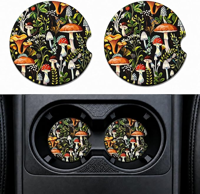 2Pack Car Cup Holder Coasters Absorbent Ceramic Coaster 2.56" for Women & Men Auto Mushroom Car Accessories