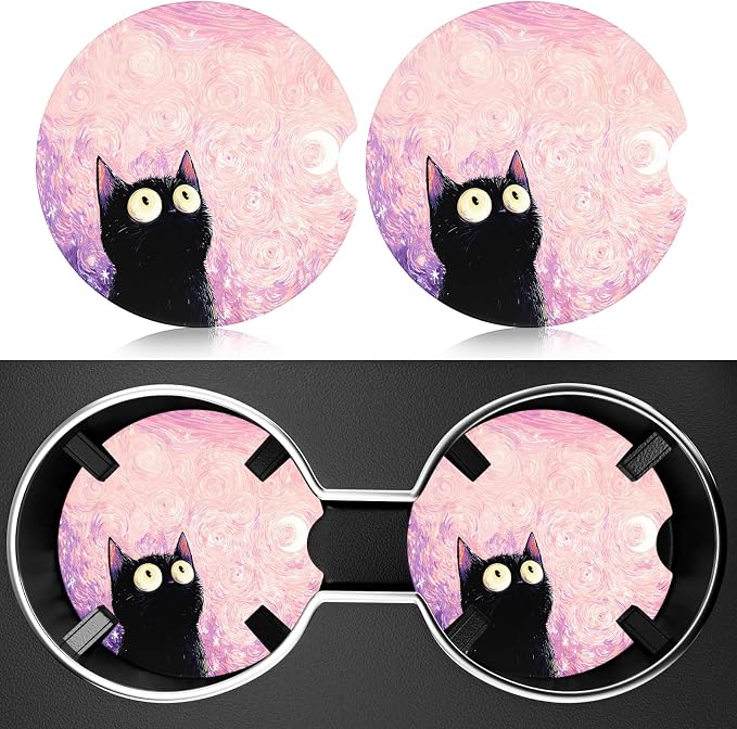 2 Pack Car Cup Holder Coaster, 2.63 inch Anti Slip Insert Absorbent Ceramic Car Coaster with Cork Base and Finger Notch, Cute Car Accessories Interior for Women, Cute Car Coasters.