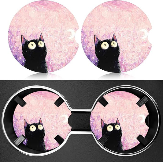 2 Pack Car Cup Holder Coaster, 2.63 inch Anti Slip Insert Absorbent Ceramic Car Coaster with Cork Base and Finger Notch, Cute Car Accessories Interior for Women, Cute Car Coasters.