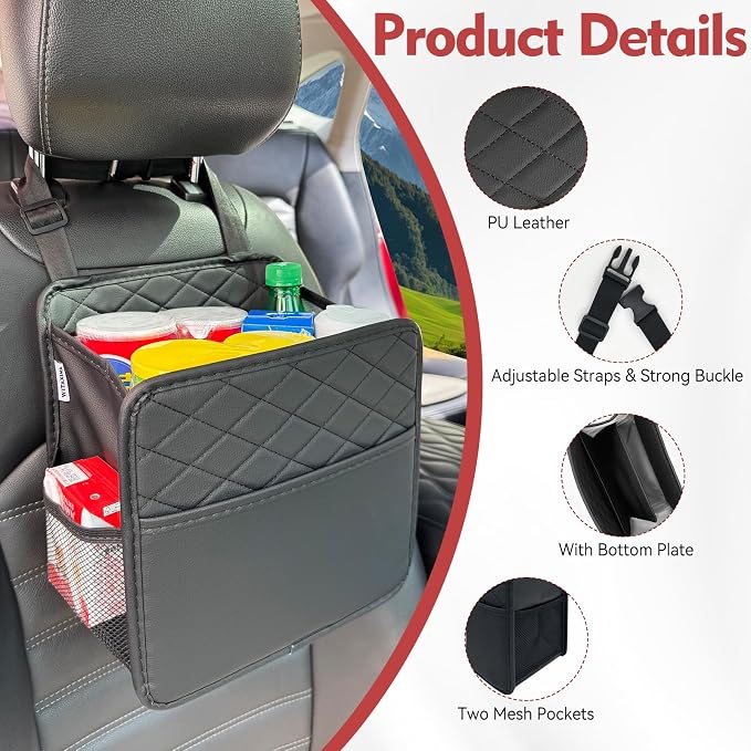 Witaxima 2 Pack Upgraded Car Seat Organizer Backseat with Storage Pockets, Multipurpose Car Organizer Hanging Car Trash Bag Premium PU Leather Garbage Can 2.14 Gallon Large Capacity Accessories Black