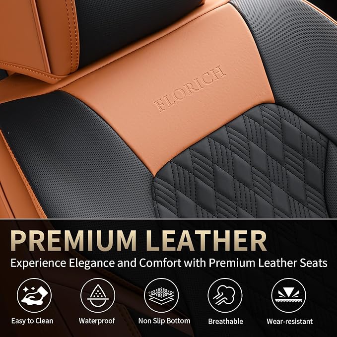 FLORICH Seat Covers, Car Seat Covers Front Seats, Luxury Nappa Leather Seat Covers, Breathable and Waterproof Car Seat Protector 2 Seat, Automotive Seat Covers Universal for Most Cars-Brown&Black
