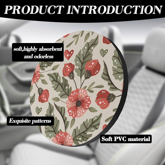 Car Coasters for Drinks Absorbent，Cute Car Accessories for Women and Lady，2 Pack 2.95inch Car Cup Holder Coasters，Universal Non Slip Cup Holder Insert Coaster (Red Flower)