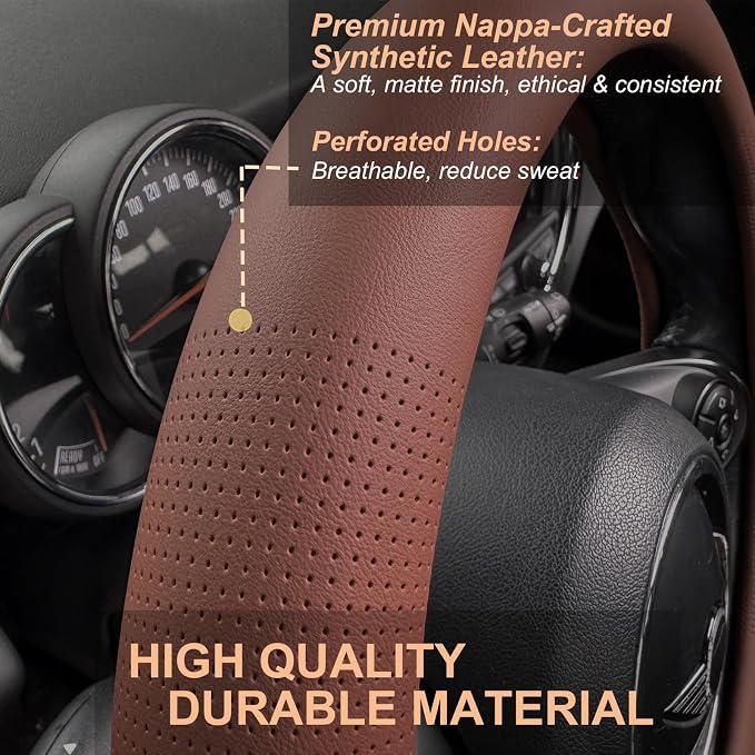 PINCTROT D Shaped Nappa Leather Steering Wheel Cover, Slim Fit No Bulk Design, One Piece Leather with Breathable Perforation, Fit Like Gloves, Flat Bottom 14.5-15 Inch(Nappa Brown)