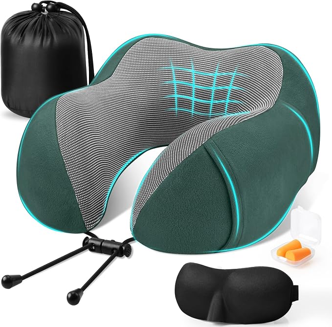 CloudBliss Travel Pillow for Airplane, Memory Foam Neck Pillow for Travel, Compact Flight Pillow with Eye Mask, Earplugs, Carry Bag,Travel Neck Pillow for Long Flight Sleep, Plane Accessories, Green