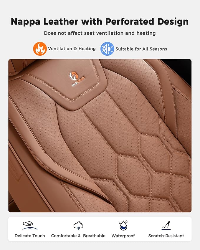 Huidasource Seat Covers Full Set, Universal Fit for Cars SUVs Trucks, Brown | Full Coverage Leather Car Seat Cover, Airbag, Cupholder Compatible, Seat Function Retain, Velcro Adjustable