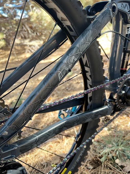 Bike Frame Protection Tape- High Impact Clear Vinyl Wrap Includes Tool (4”x72) Bicycle Frame Protector, Mountain Bike Frame Guard Chainstay Protector (Mushroom Wave)
