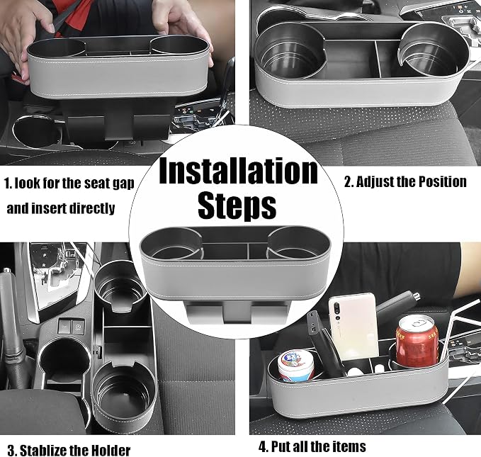 iokone Coin Side Pocket Console Side Pocket Leather Cover Car Cup Holder Auto Front Seat Organizer Cell Mobile Phone Holder (Slim-Gray)