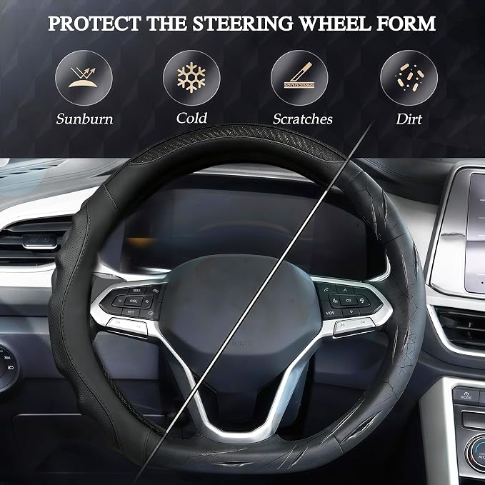 Leather Car Steering Wheel Cover, 14.5-15Inch Anti-Slip Steering Wheel Cover, Universal for Cars Truck SUV, Car Accessories (Black - Black line)