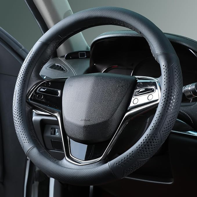 Yangday Leather Steering Wheel Cover for Toyota RAV4 Corolla Camry Highlander, 14.5-15 inches Car Steering Wheel Cover with Non-Slip Breathable (Black)