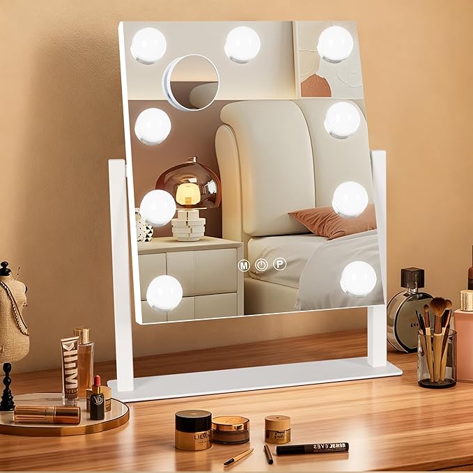 Ratsamee Hollywood Vanity Mirror with Lights, 12" x 14", 9 Dimmable Bulbs, 3 Color Lights, Make Up Lighted Mirror, 10x Magnification 360°Rotation White
