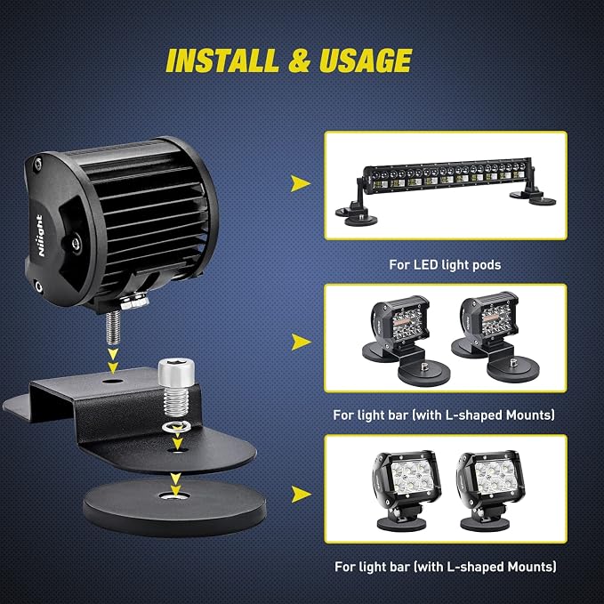 Nilight 2PCS Magnetic Base Light Bar Mounts Universal Fit Strong Sucker Holder W/Rubber Boot for LED Pod Work Lights Auxiliary Driving Lamp on Roof Hood of Off Road Truck SUV Tractor Golf Cart Boats