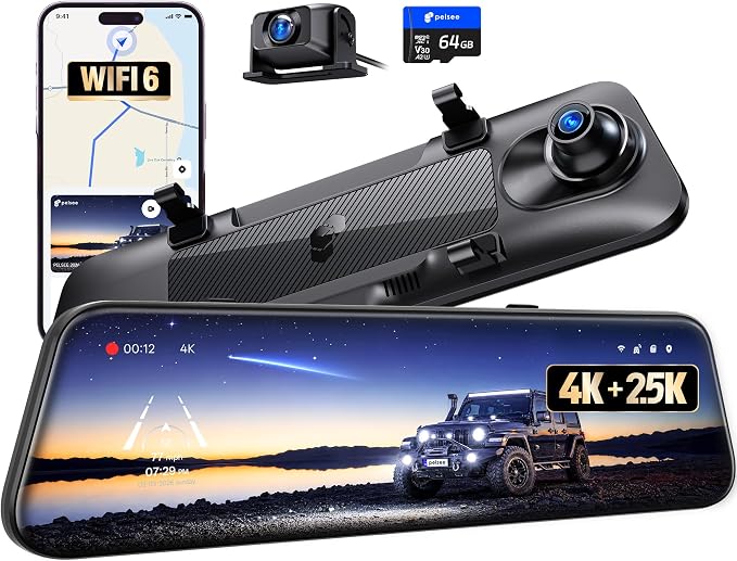 Pelsee S12 Native 4K + 2.5K Mirror Dash Cam, Rear View Mirror Camera w/ 8MP Starlit Color Night Vision, WiFi 6 30MB/s Download, GPS, 64GB Card Included, Backup Camera for SUVs Trucks Vans RVS