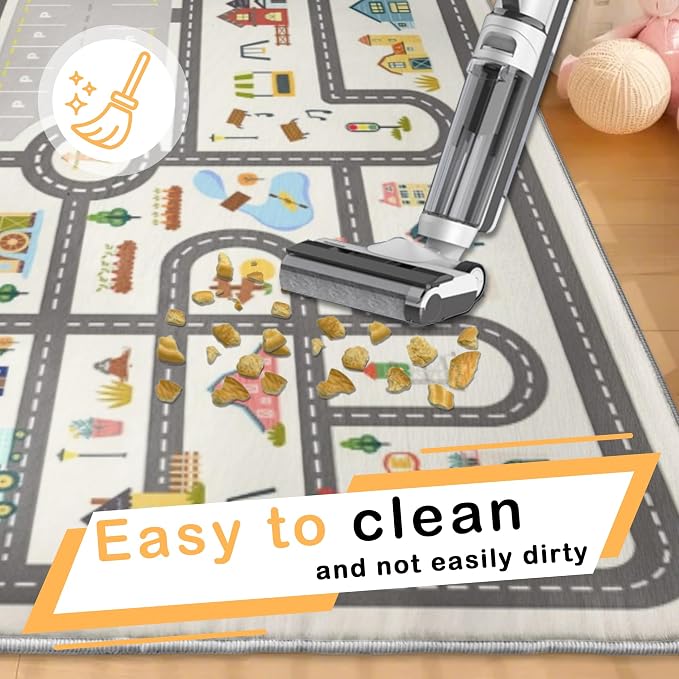 Nayoroom Kids Town Road Playroom Rug, Faux Wool Car Map, Non-Slip, 3 x 5 ft | Interactive town road map; Community scenes; Soft faux wool surface; Non-slip backing; Easy-care room accent