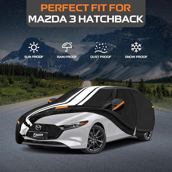 Kayme Heavy Duty Car Cover Custom Fit for Mazda 3 Hatchback (2003-2026) Waterproof All Weather for Automobiles, Gift with Tape/Towel, Outdoor Full Exterior Cover Rain Snow Sun UV Protection.