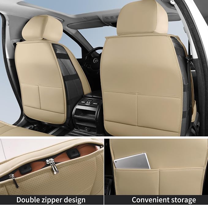 HChengkikz Nappa Leather Car Seat Covers Full Set, Beige Car seat Protector 5 Seats, Waterproof Car Seat Cushion, Universal Automotive Seat Covers Fit for SUV Truck Pick-up Sedan, Front and Rear | Easy Maintenance, Airbag Compatible, Universal Fit For ...