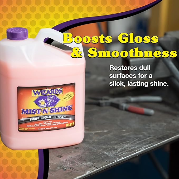 Wizards Mist-N-Shine Quick Detailer Spray - Waterless Wash - 1 Gallon | Anti-Static Formula for Paint, Chrome, Glass, Plastic, and Rubber Trim, Wax-Free, No Petroleum Solvents, Cars, Bikes, Boats