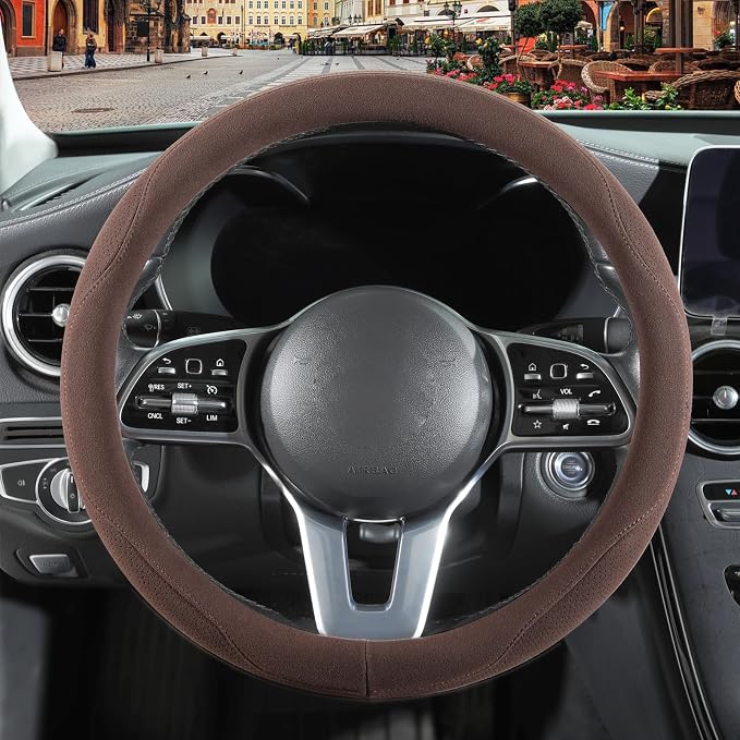Brown Suede Steering Wheel Cover Universal 14.5 inch to 15 inch | Warm in Winter and Cool in Summer, Felt Car Accessories, Breathable Non-Slip Sweat-Proof Wear-Resistant