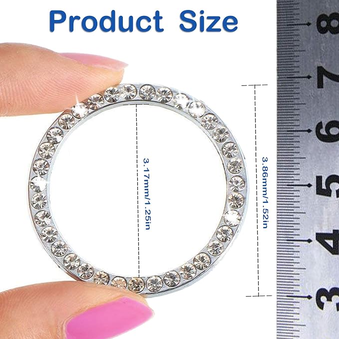 2pcs Bling Car Engine Start Button Cover Diamond Crystal Push Start Stop Button Ring Sparkly Bling Ignition Button Cover Rhinestone Keyless Ignition Ring Universal Car Accessories (Silver)