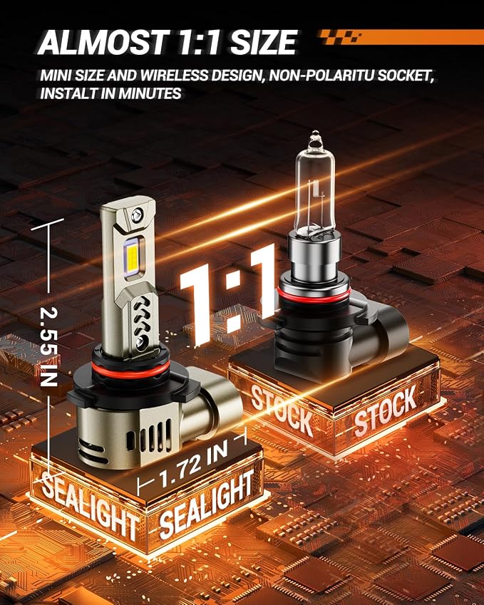 SEALIGHT 2026 New 9005 LED Light Bulbs, HB3 Driving Bulb 90,000LM Super Bright 6500K Cool White, Real 1:1 Stock Size, Easy Plug-N-Play, IP68 Waterproof,70000Hrs+ Lifespan, Pack of 2