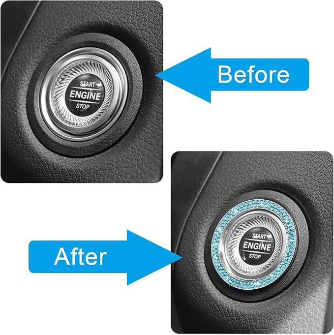 WINKA 2pcs Bling Car Engine Start Button Cover Diamond Crystal Push Start Stop Button Ring Sparkly Bling Ignition Button Cover Rhinestone Keyless Ignition Ring Universal Car Accessories (Blue)