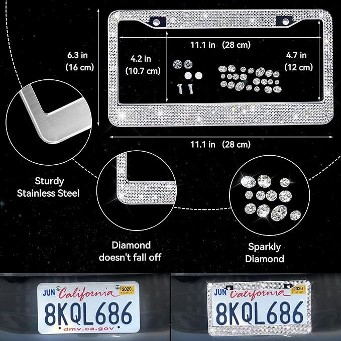 CAR PASS 30 PCS Bling Diamond Car Accessories Set for Women, Bling Steering Wheel Covers 15 Inch, Shining Rhinestone License Plate Frame, Sparkly Phone Holder, Cute Interior Set Decorations, Silver