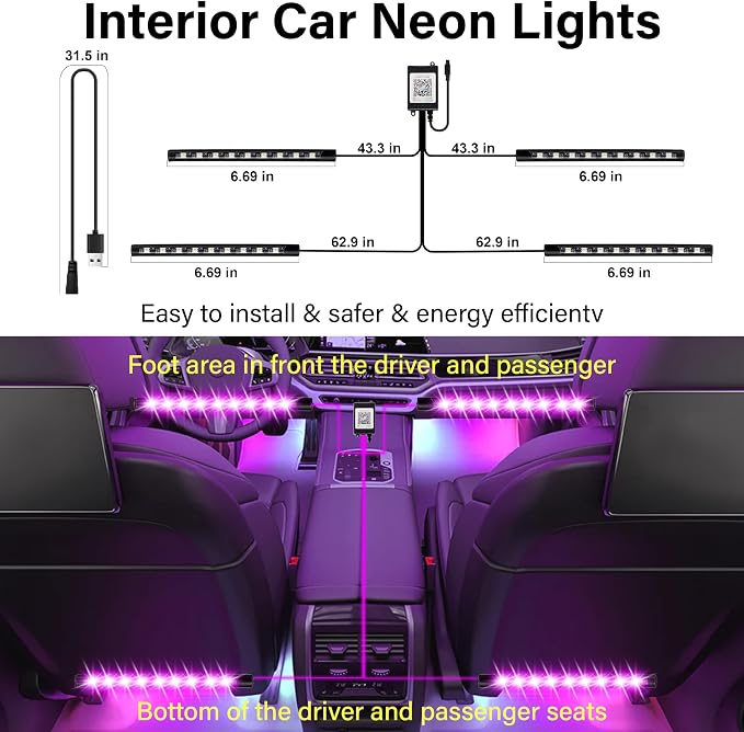 Car Led Lights Interior, Interior Car Lights with USB Adapter, 5V LED Strip Light with Smart APP Remote Control, Sync Music, Color Change Cars Light for Inside, Cars Accessories for Women Men