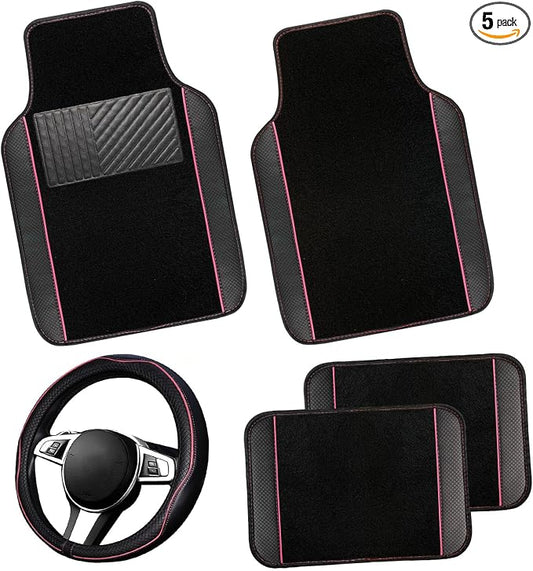 NBTEPEM Microfiber Steering Wheel Cover and Waterproof Car Floor Mats, Universal Fit Most Truck, SUV, Cars, 14.5-15inch Sporty Steering Wheel Covers with Anti-Slip Lining (Black with Pink line)