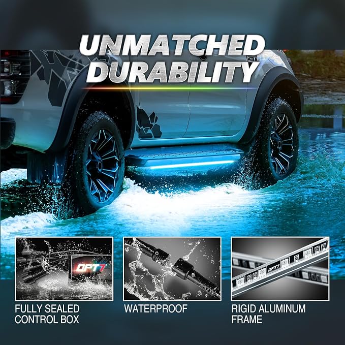 OPT7 Aura Pro RGB Aluminum Truck Underglow Kit with App & Remote Control | Waterproof Rigid Light Bars, Multicolor Music Sync Lighting, Exterior Offroad Lights, Pickup Trucks & Jeeps Accessories, 12V