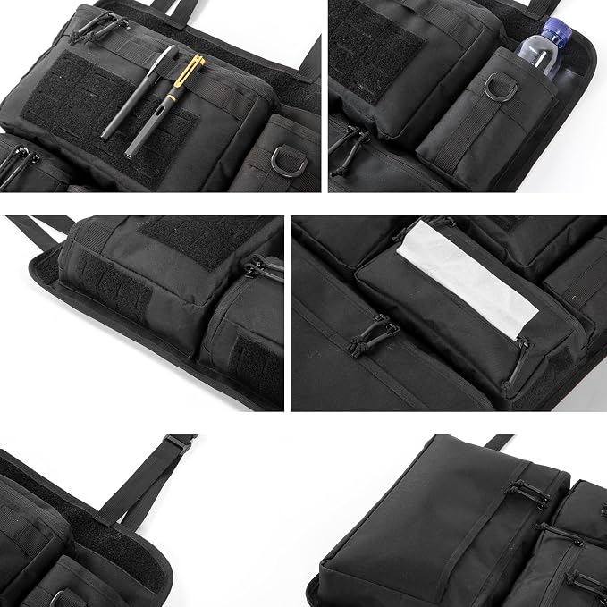 One-Piece Universal Car Seat Back Organizer with Tissue & Water Bottle Bag | Tactical Molle Car Backseat Organizer, Multi Separate Storage Compartments,for Car Truck Pickups SUVs